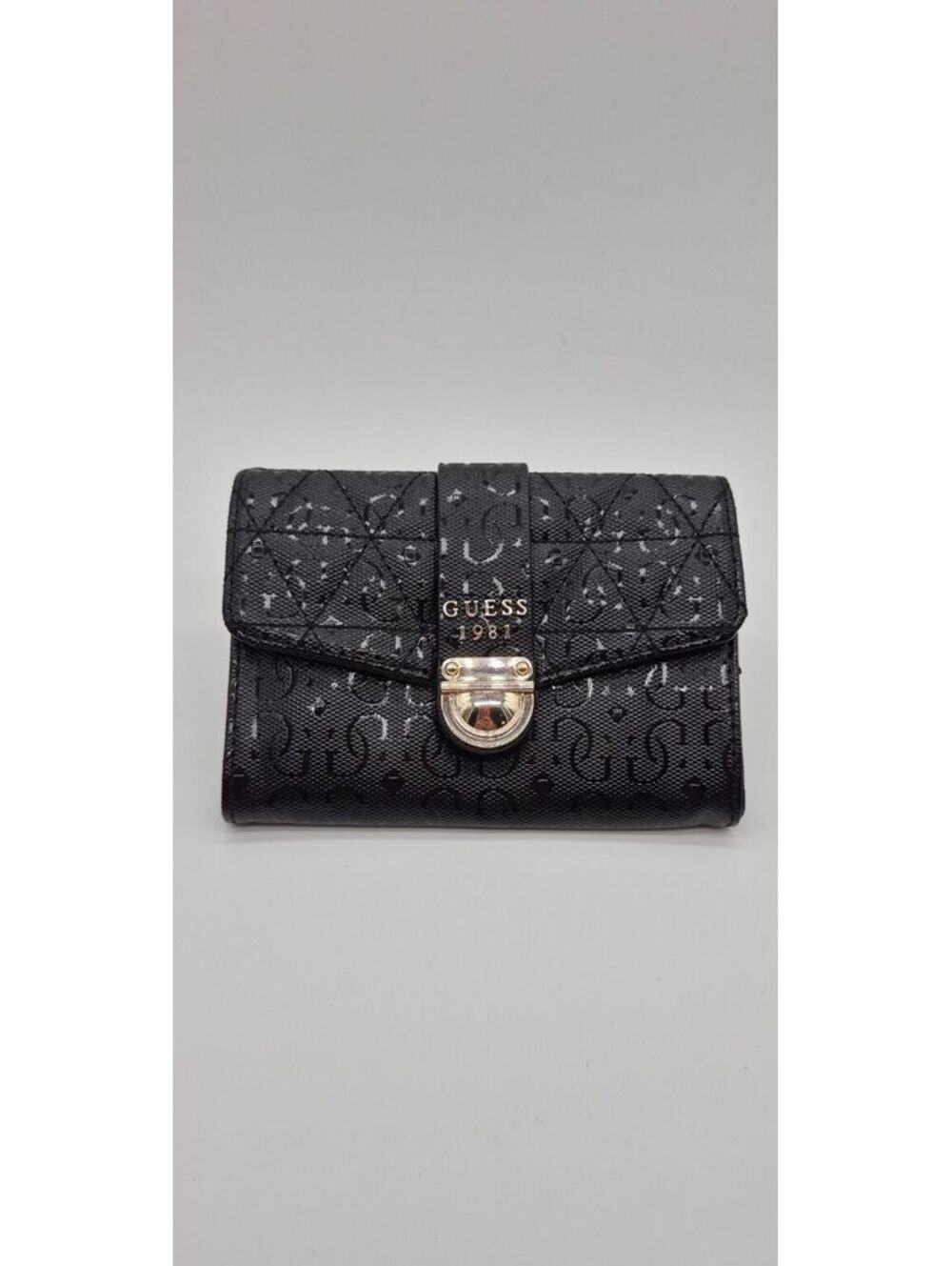 GUESS 1981 Black Monogram Quilted Wallet Gold Clasp